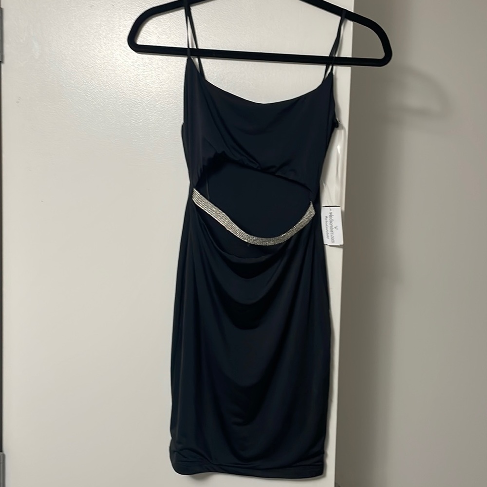 Black mini dress with front cutout diamond slit SIZE M